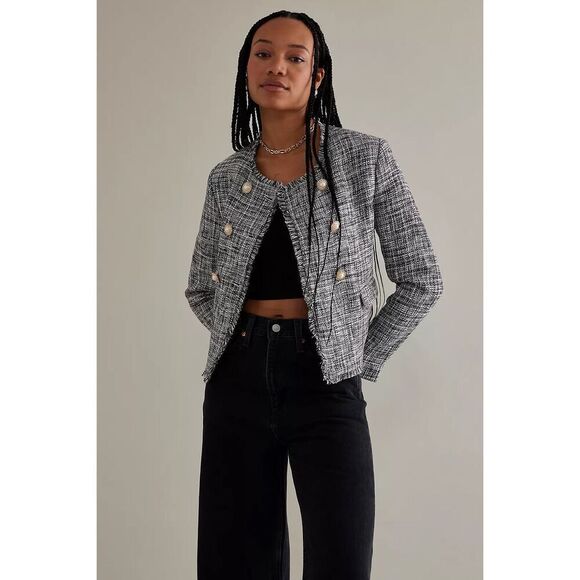 Anthropologie Maeve Double Breasted Tweed Jacket size 4 Blue - Picture 2 of 16